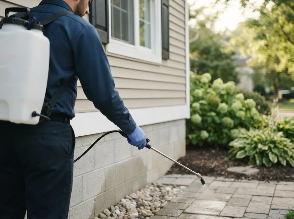 Pest control technician inspecting a home in Pond Creek, OK